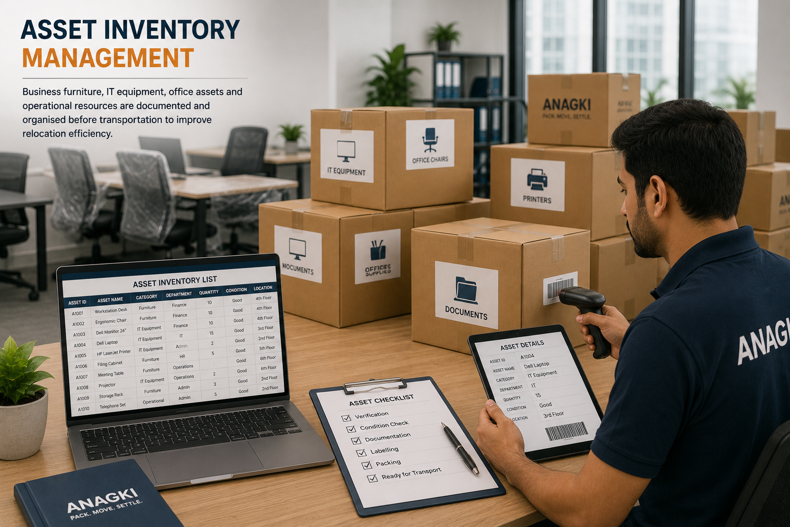 Professional relocation team arranging office furniture, workstations, monitors, and departmental assets according to an approved office layout during workspace setup.