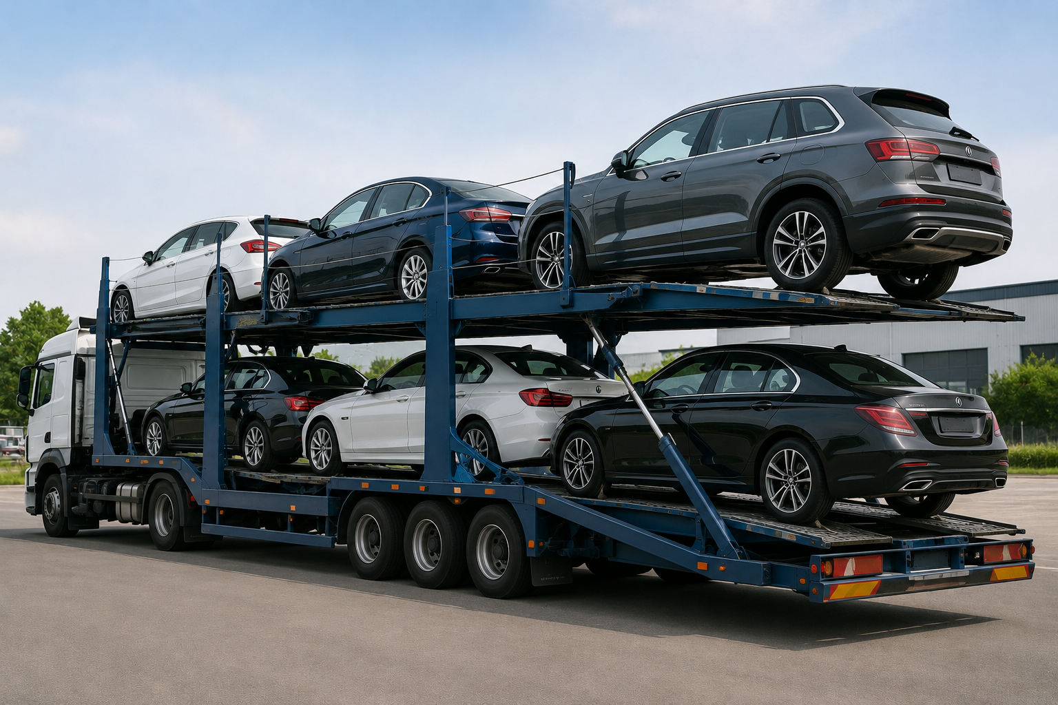 Vehicle carrier transporting hatchbacks, sedans, SUVs, and family cars using a professional multi-level car transport trailer.