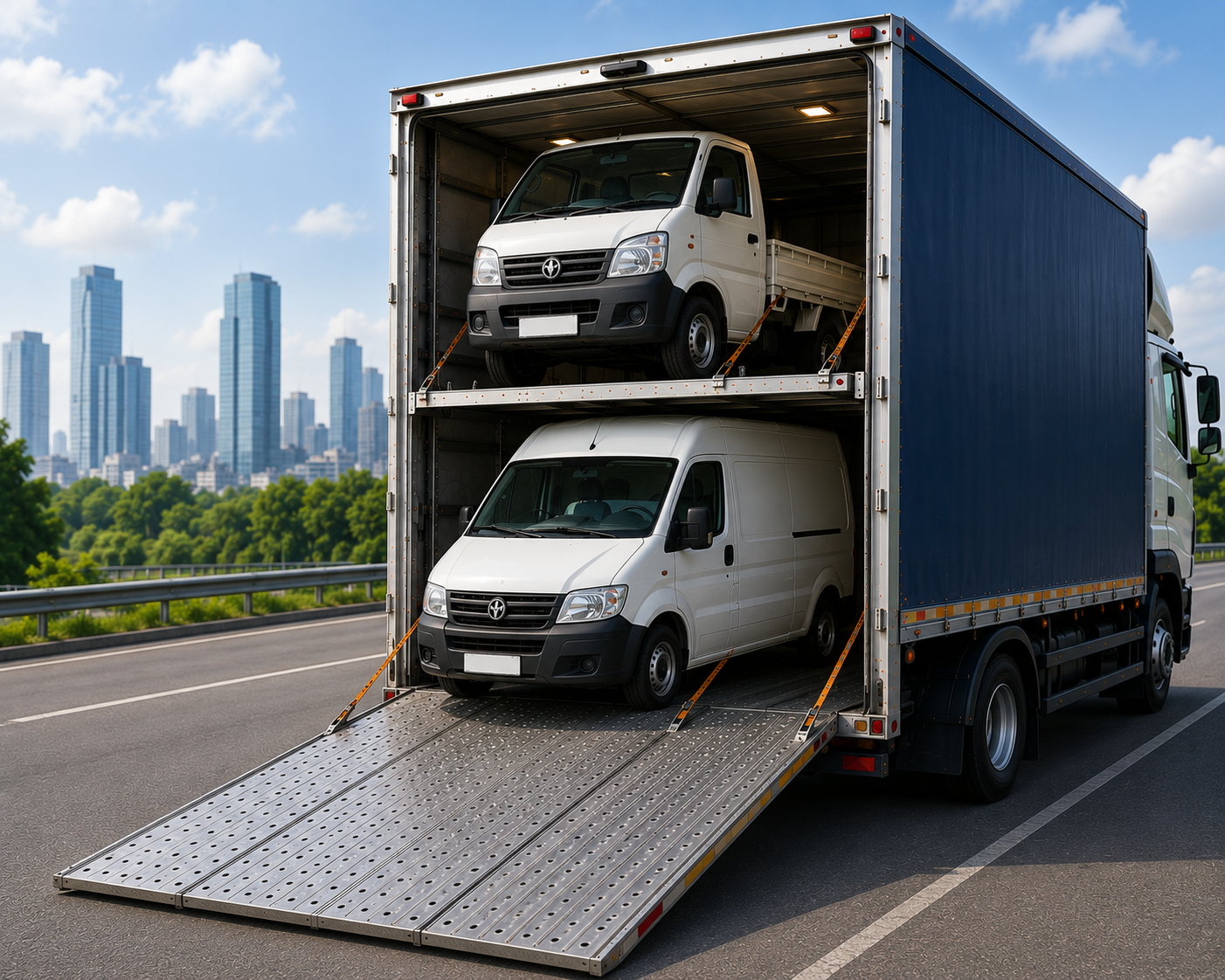 Light commercial vehicle and cargo van securely loaded inside a dedicated transport carrier using organised loading and protective handling procedures.