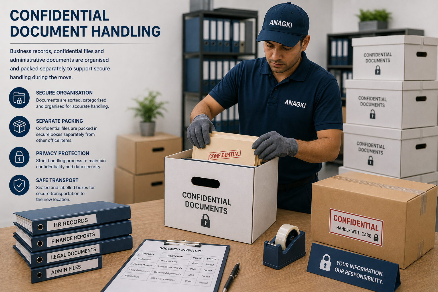 Professional relocation specialist organising and packing confidential business records, administrative files, and office documents into secure storage boxes for transportation.