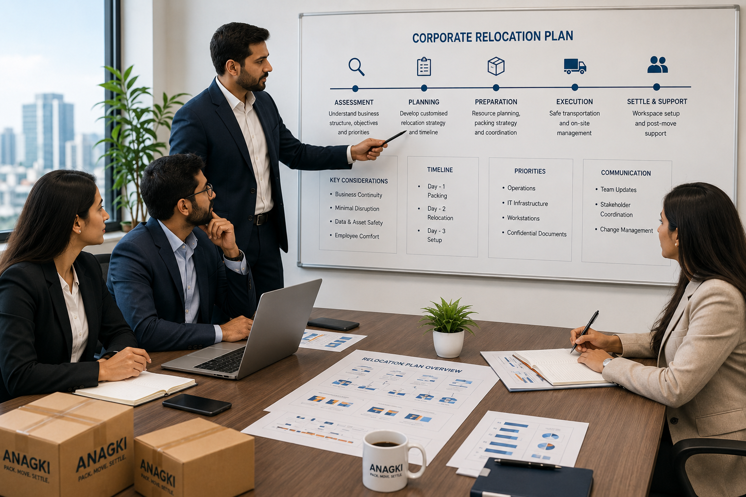 Corporate relocation planning meeting with business professionals discussing office move strategy, workspace planning, and relocation objectives in a modern conference room.