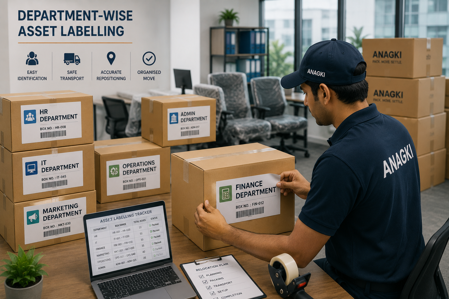 Professional mover labelling office moving boxes by department, including HR, Finance, IT, Operations, and Administration, for organised office relocation.