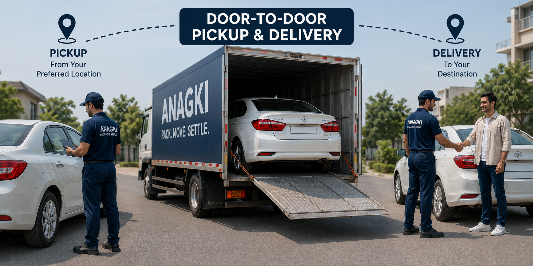Professional car pickup and delivery service with location pins, featuring a customer handing over a car for transportation and receiving it safely at the destination.