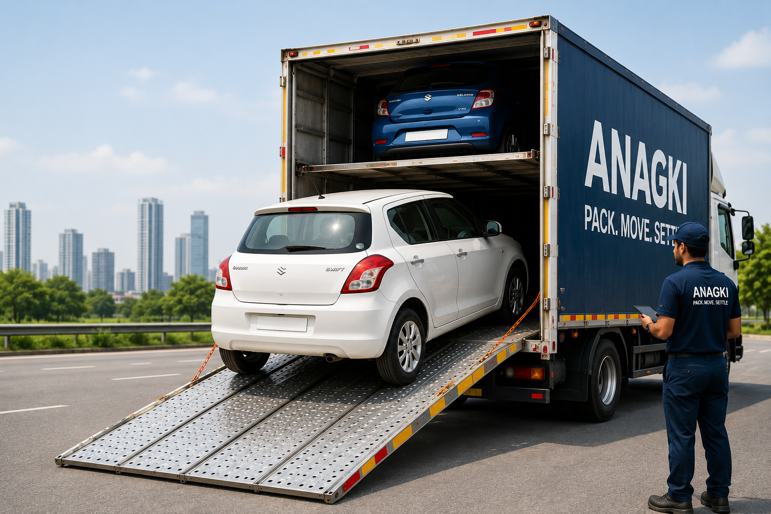 Compact hatchback car being securely loaded into a professional vehicle carrier using organised loading equipment and safe handling procedures.