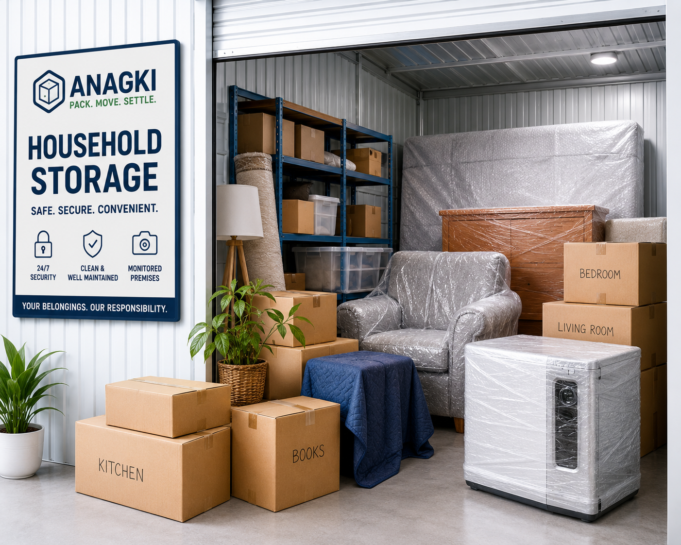 Household furniture, appliances, cartons, and personal belongings securely organised inside a clean storage facility with protective wrapping and storage racks.
