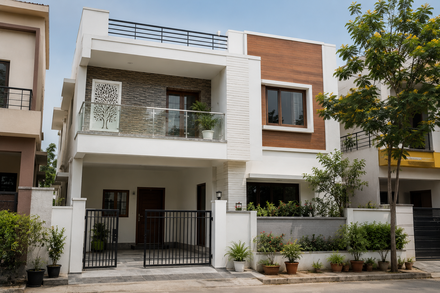 Modern independent house in India with a two-storey contemporary design, private entrance, balcony, landscaped front yard, and covered parking area.