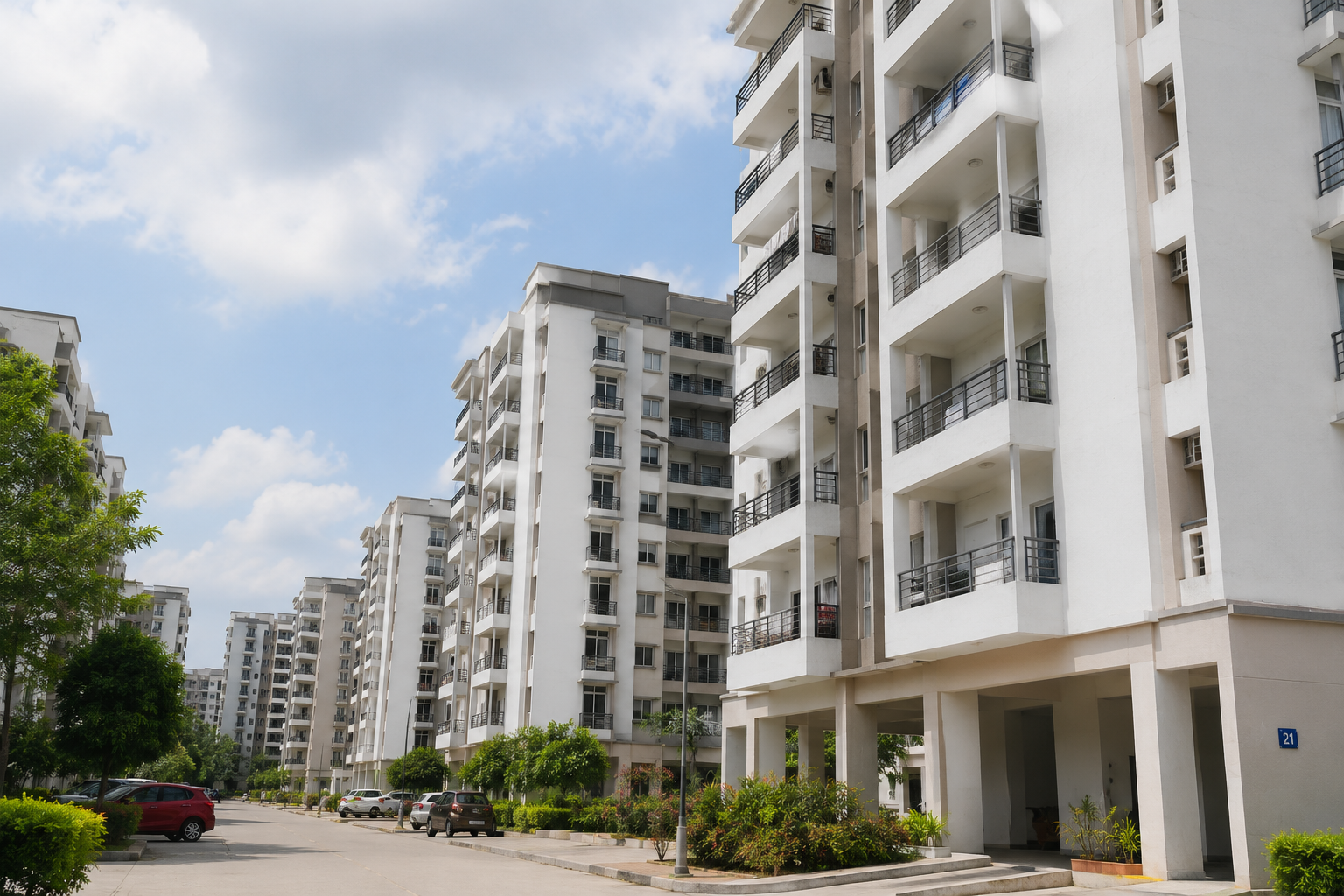 Modern Indian apartment complex with multi-storey residential buildings, landscaped surroundings, parking area, and wide internal roads.