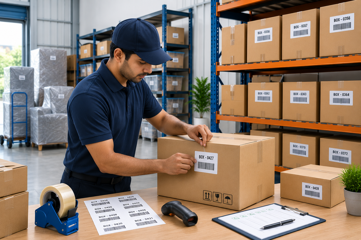 Warehouse staff applying identification labels to cartons while organising stored items on industrial storage racks for efficient inventory management.
