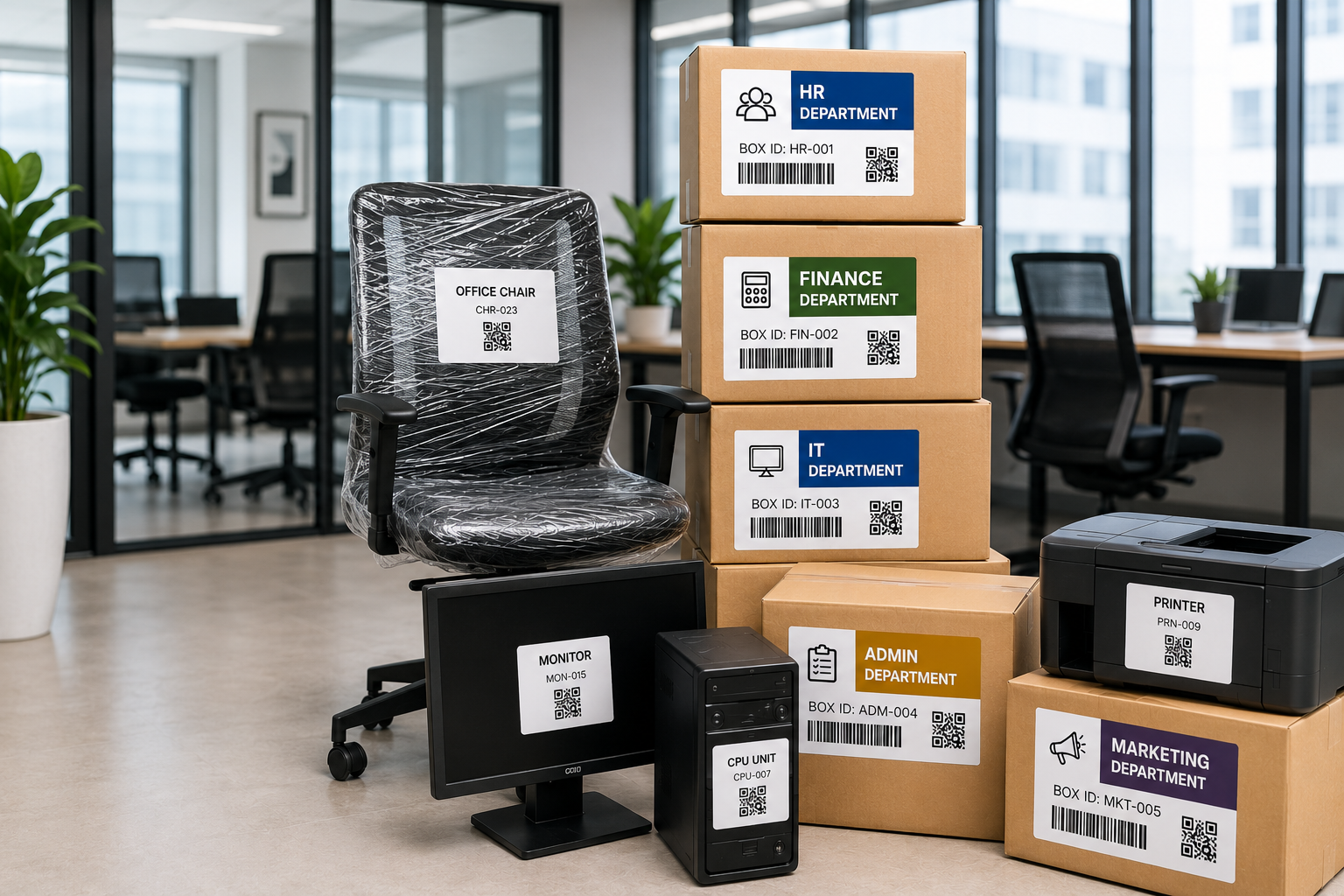 Office relocation staff systematically labelling boxes, furniture, and IT equipment with barcode tags for quick identification during unloading and workspace setup.