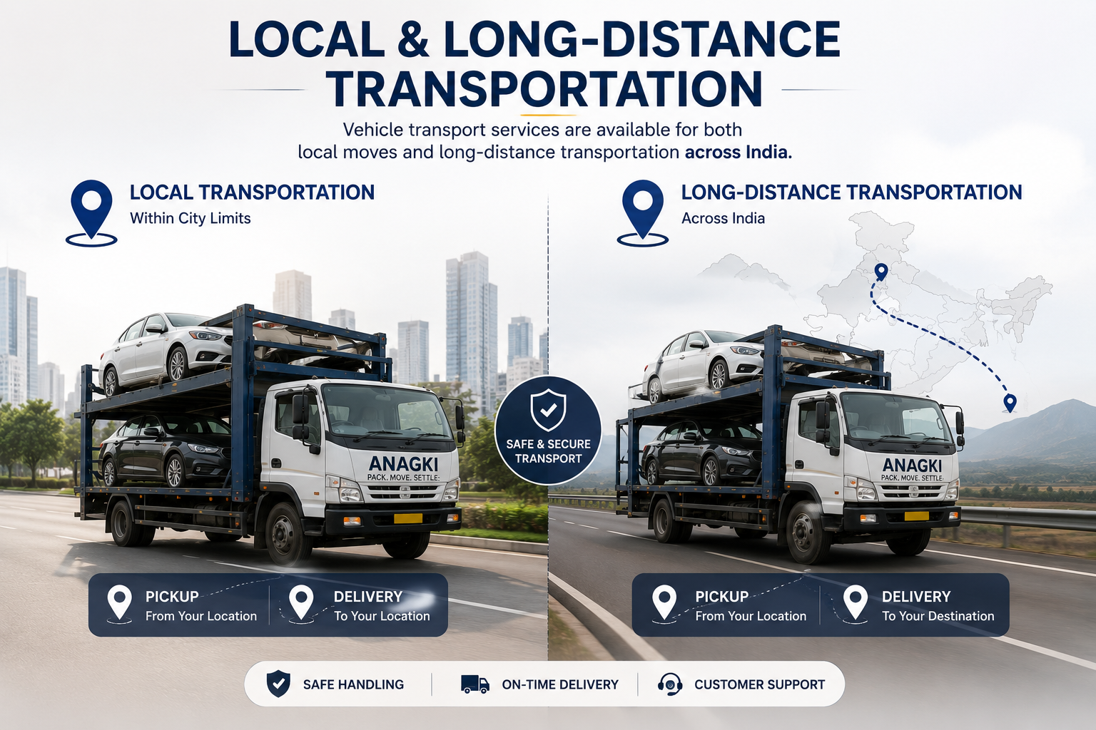 Car carrier transporting vehicles with location pins representing local and long-distance vehicle transportation services across India.