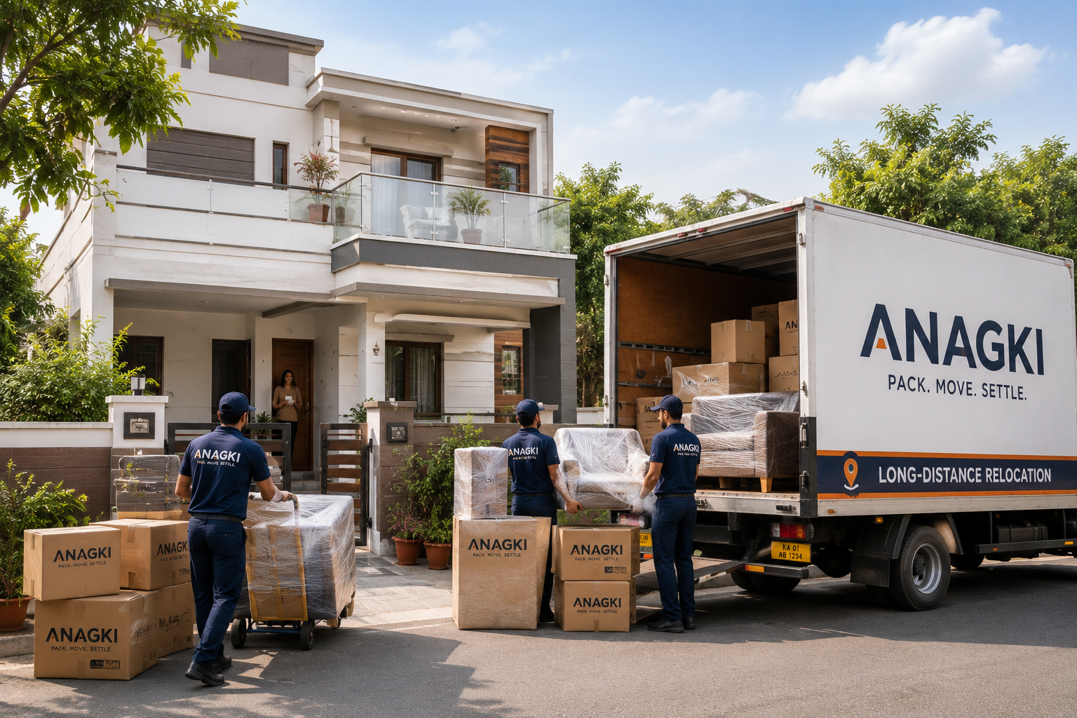Professional movers loading securely packed household furniture and boxes into a relocation truck outside a modern Indian home for long-distance shifting.