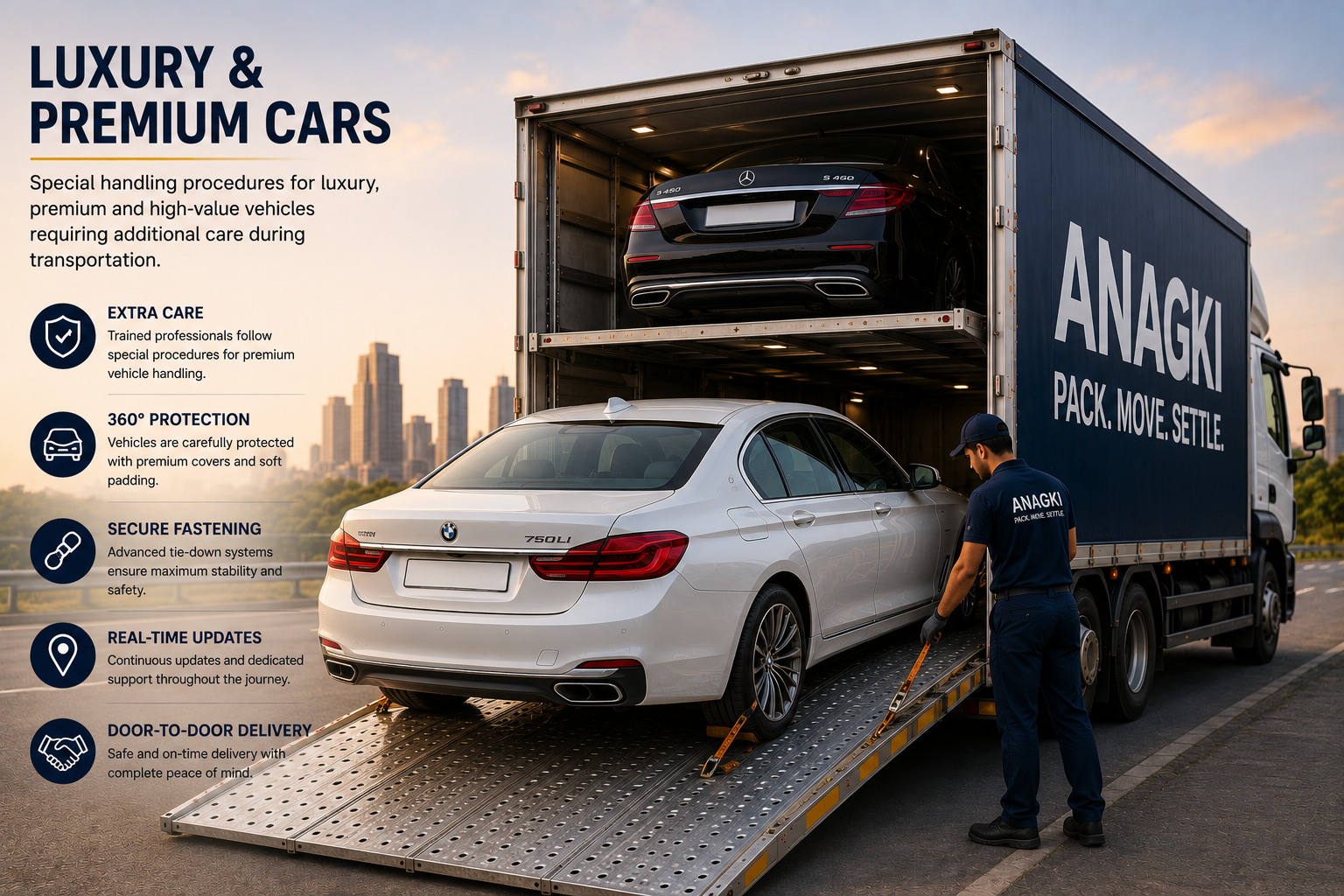 Luxury and premium cars being carefully loaded into a dedicated enclosed vehicle carrier using specialised handling procedures and secure transportation methods.