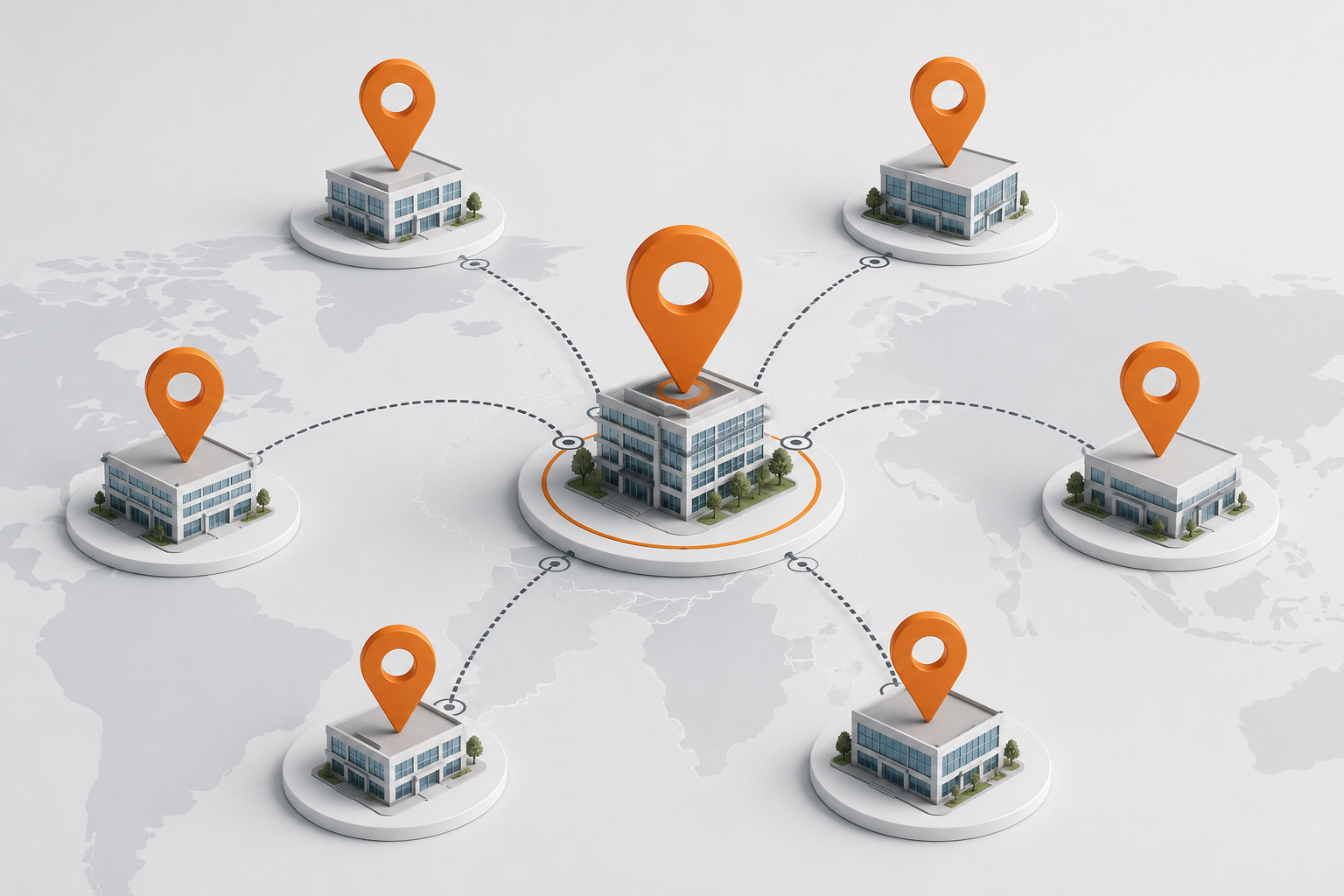 Connected office locations displayed with map pins and network links, representing coordinated relocation support across multiple business branches and office locations.