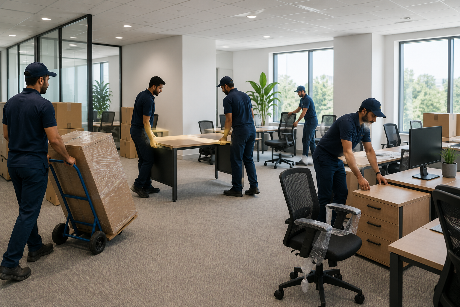 Office relocation team unloading and placing office furniture, workstations, chairs, and equipment in their designated locations according to the workspace layout.