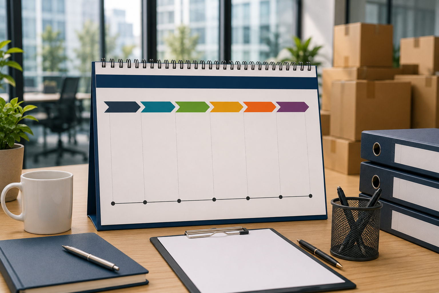 Project planning board with relocation timeline, office planning documents, files, and moving boxes representing a structured corporate relocation plan.