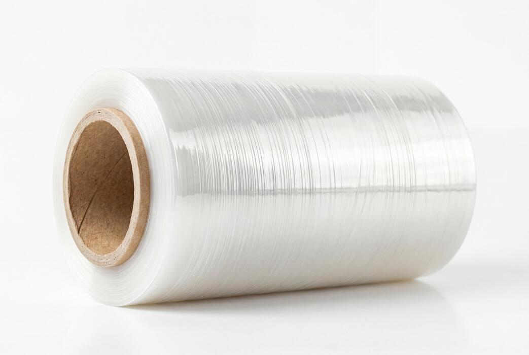 Transparent stretch film roll used to wrap and secure household furniture, boxes, appliances, and other items during packing, storage, and moving.
