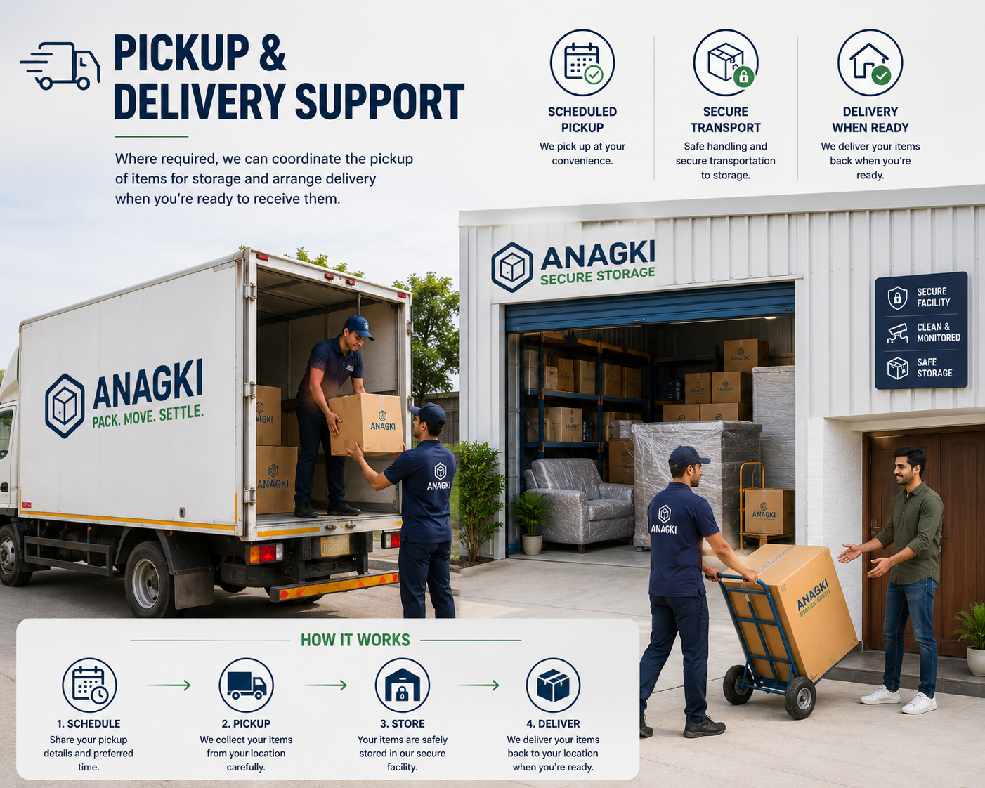 Professional moving team collecting packed household items for storage and delivering them back to the customer's location using organised pickup and delivery services.