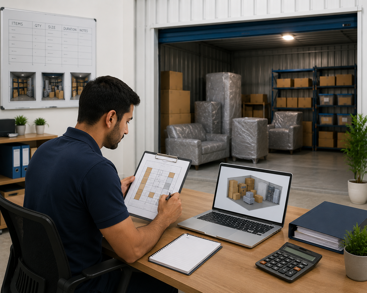 Storage planning specialist reviewing storage requirements with a warehouse layout, inventory plan, and organised storage facility in the background.