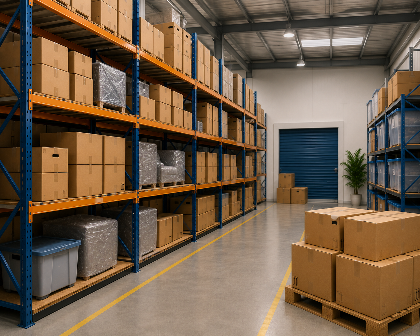 Household belongings, furniture, cartons, and storage containers systematically arranged on industrial warehouse racks for organised storage management.