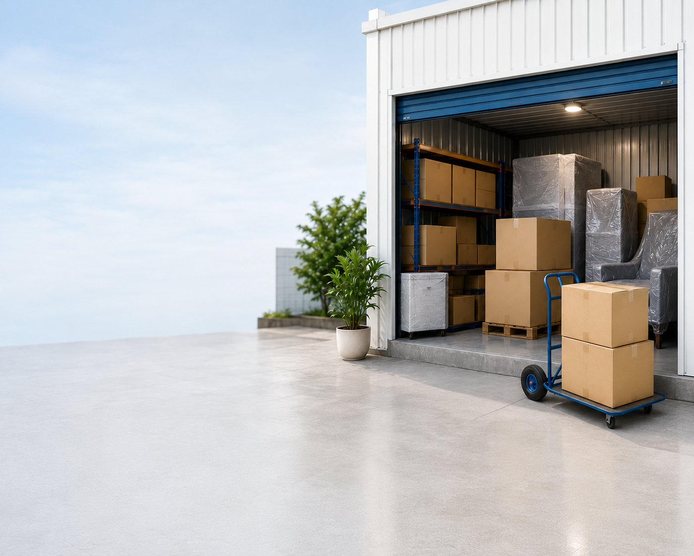 Modern storage facility with securely stored household belongings, packed cartons, furniture, and appliances arranged for flexible short-term and long-term storage.