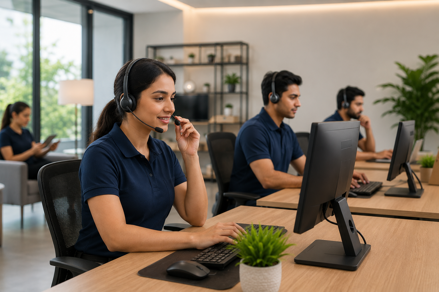 Professional customer support team assisting clients through phone and computer while coordinating storage enquiries, retrieval requests, and delivery schedules.