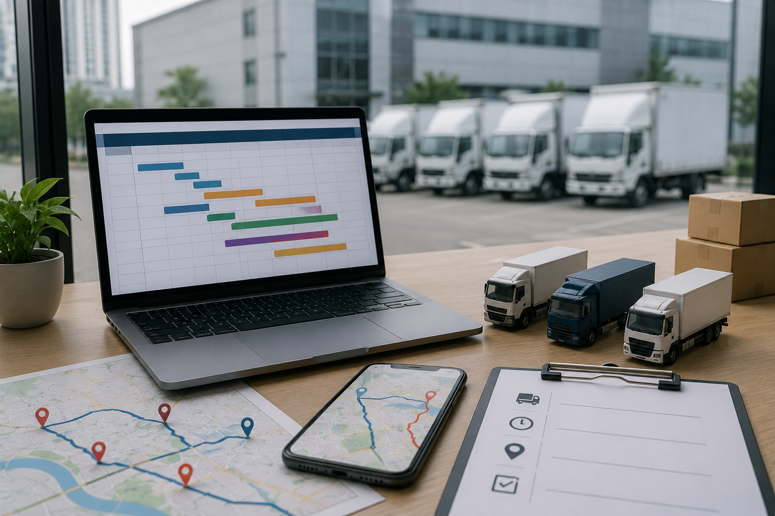 Corporate transportation planning desk with relocation schedules, route maps, vehicle allocation plans, and logistics tools for organised office relocation.