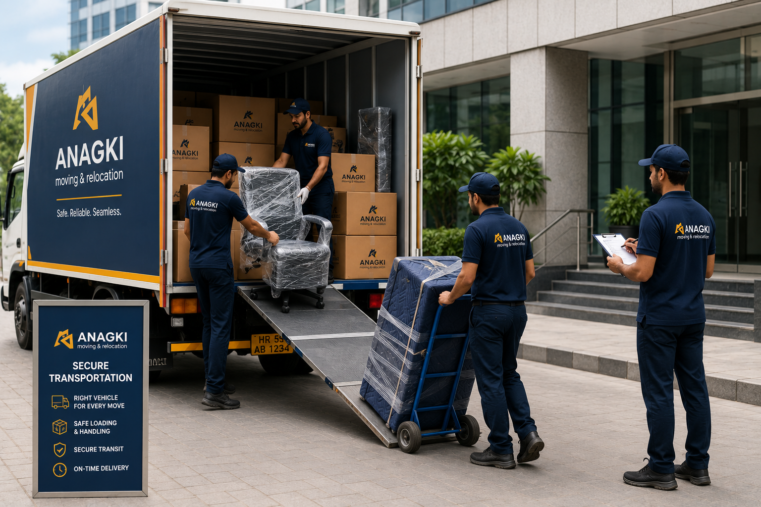 Office relocation team carefully loading packed office furniture, equipment, and labelled boxes into a moving truck for secure transportation to the new office location.